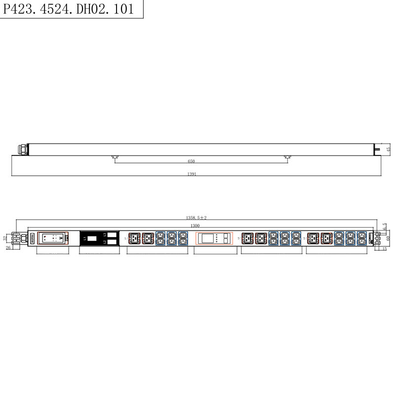 24 udtag 3-faset IEC C13 & C19 Låsbare stikkontakter 1,5U flydende magnetisk kredsløbsafbryder Vertikal Hot-swapbar RS485-måler Rack PDU