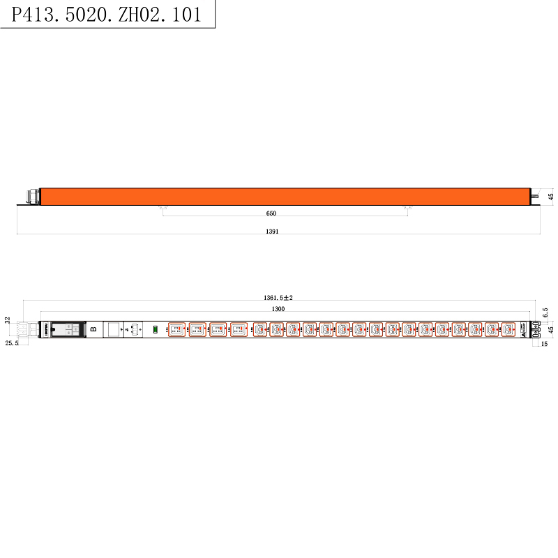 20 udtag IEC C13 IEC C19 aflåselige stikkontakter 1U Hot-swapbar indikator Lodret RS485 målt stativ PDU